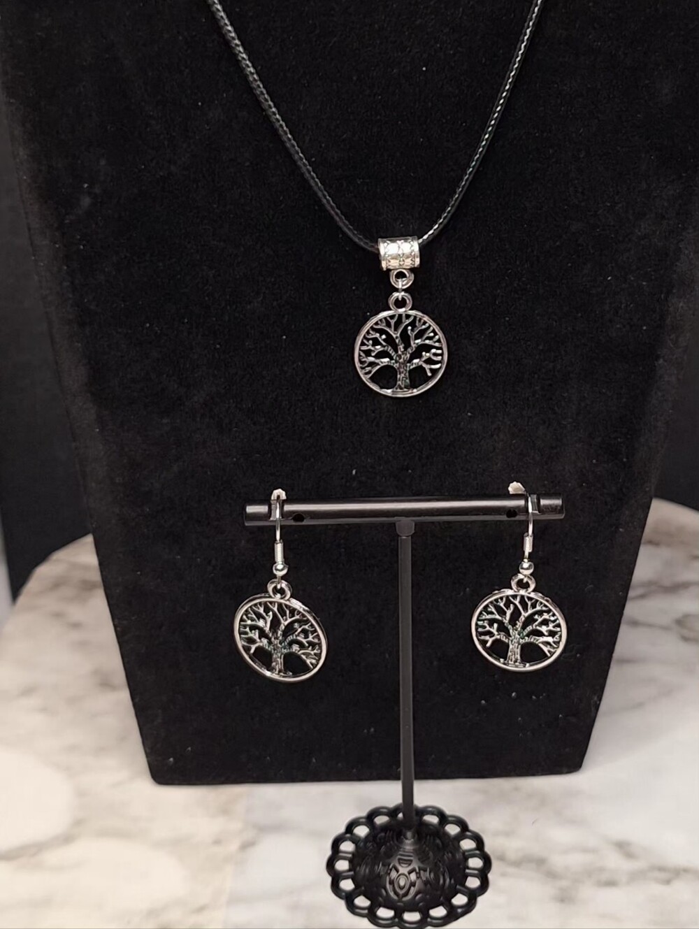 NEW - Tree of Life Pendant Necklace & Dangle Earrings Set - Black & Silver tone